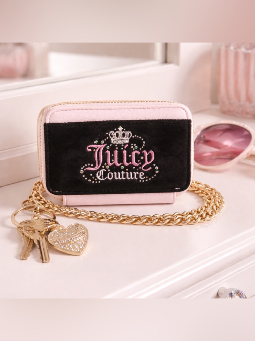 Juicy Couture Velour Embellished Logo Small Zipper Wallet w/Chain Wristlet Y2K